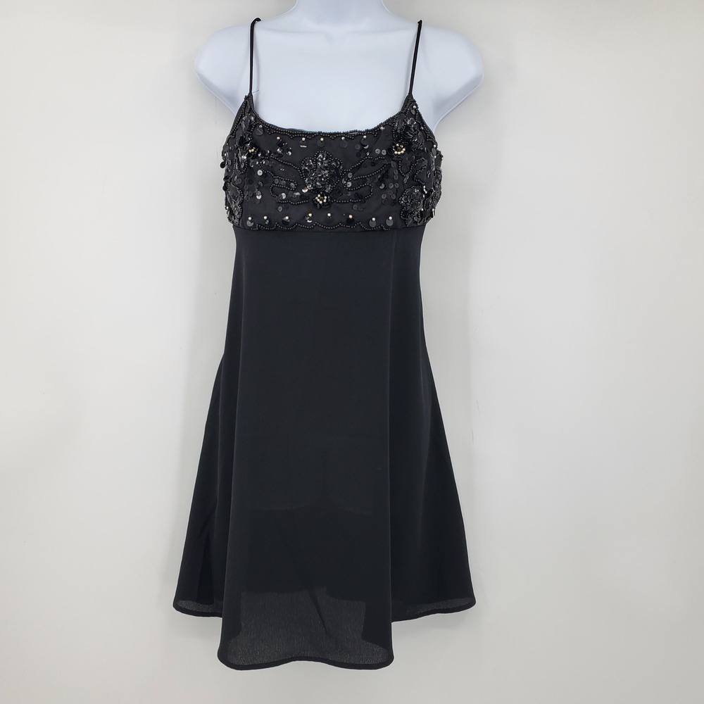 Vintage 90s Rampage Black Beaded Sequin Slip Dress Y2K Whimsigoth Fairy Goth USA